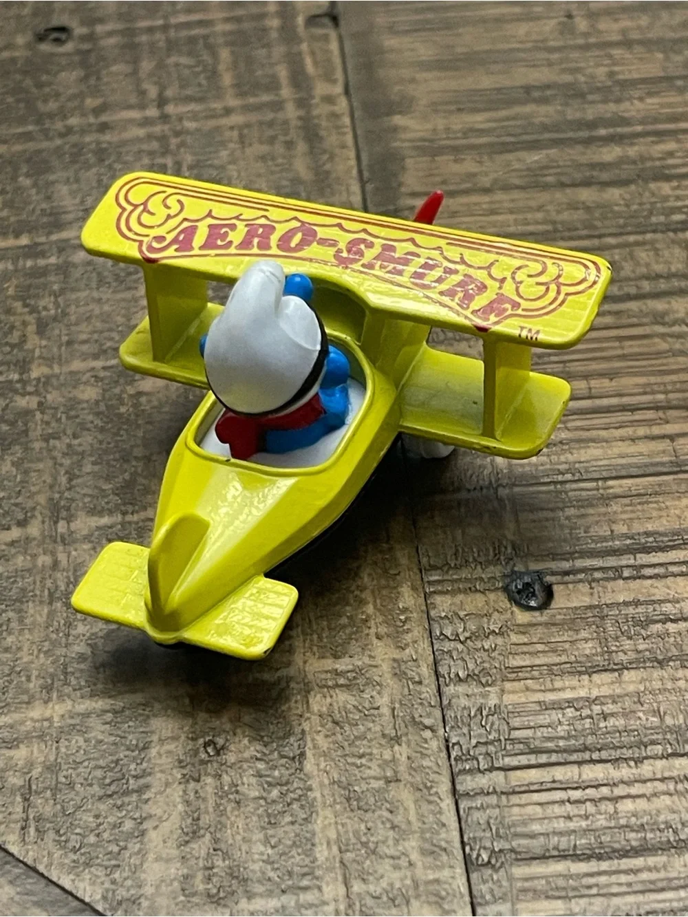 Vintage 1982 ERTL Smurfs Die-Cast #2 Aero-Smurf Yellow Biplane